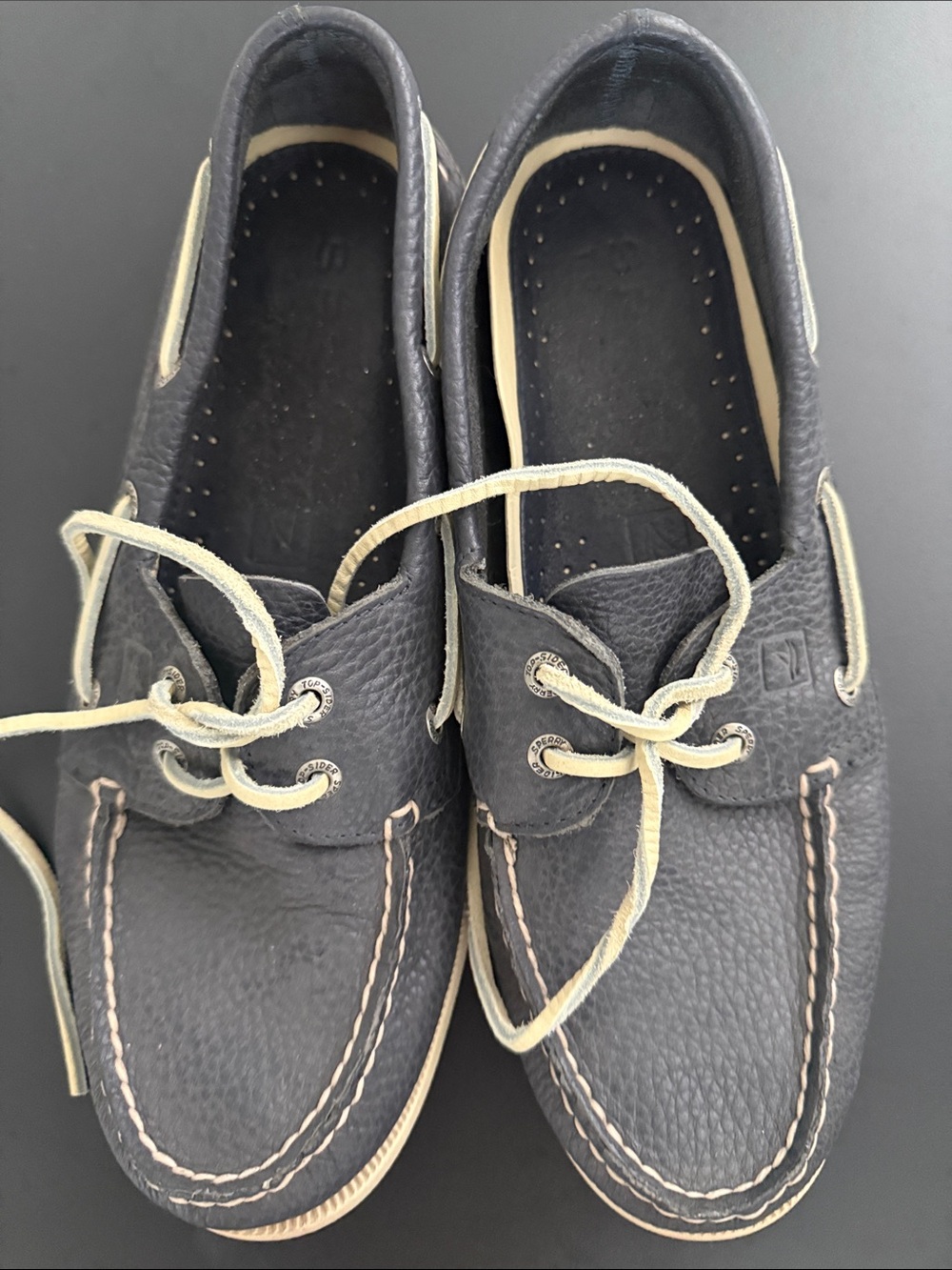 Sperry Navy Leather Boat Shoes with Cream Trim